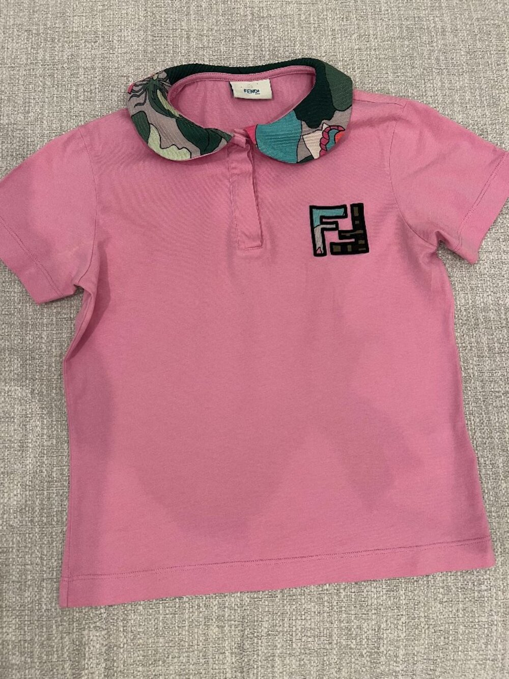 Fendi Pink FF Logo Floral Collar Short Sleeve Cotton Polo Shirt sz 8 A (Girls)